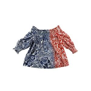 Chicos Off The Shoulder Smocked Floral Long Sleeve Top Women Size 6 Red‎ Blue